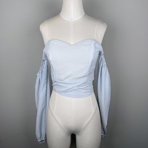 SuperDown BlueWhite Stripe Crop Off Shoulder Long Sleeve Sweetheart Tie Zip